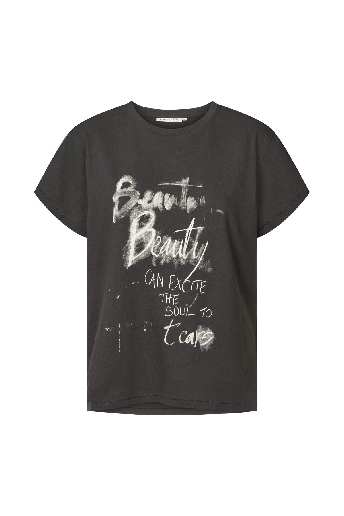 Black t-shirt with white text on a white background