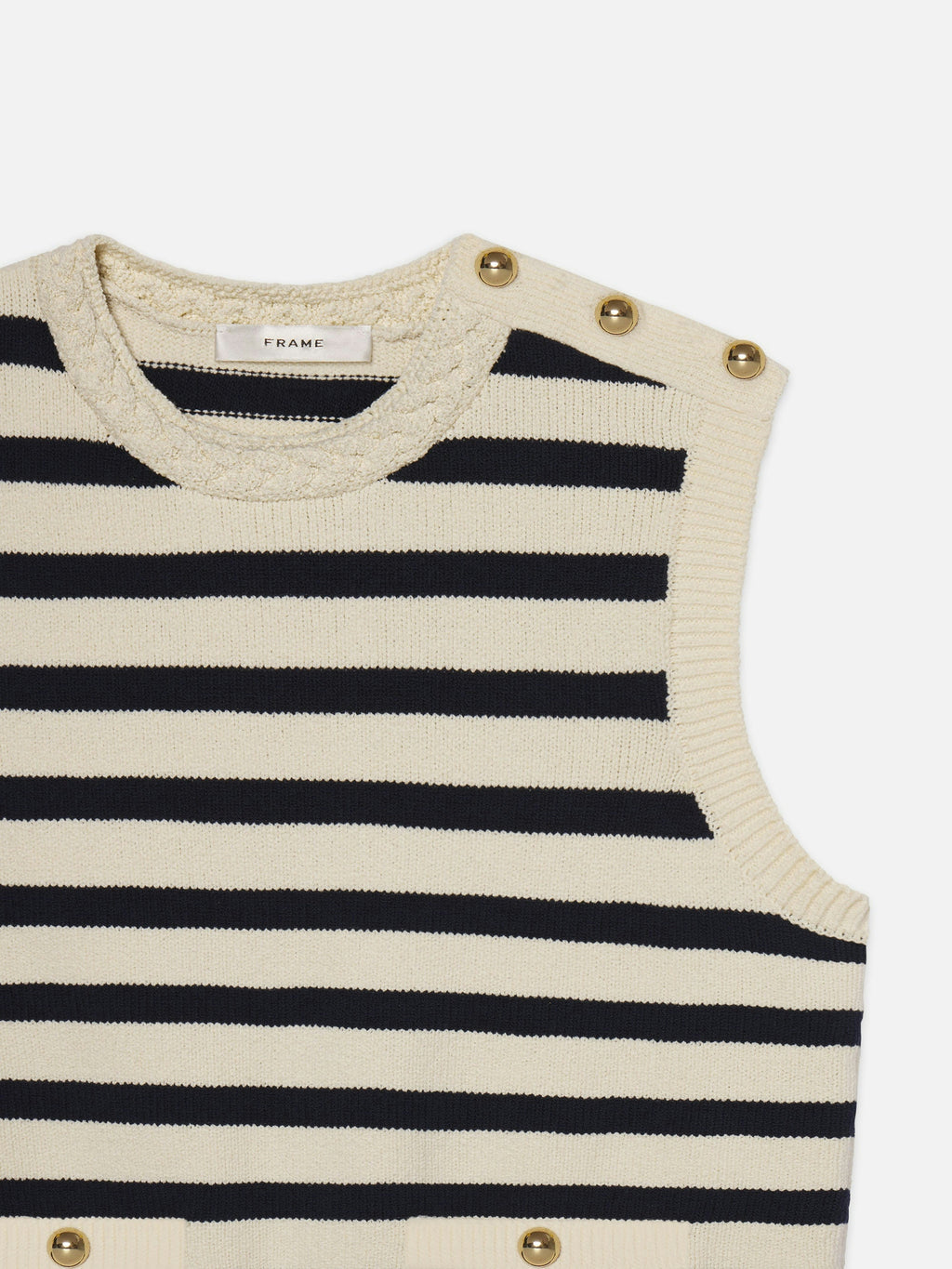 Striped sleeveless sweater with gold buttons on a white background
