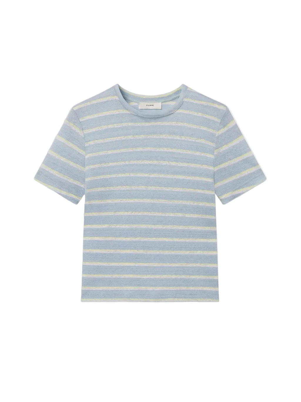 Blue and yellow striped t-shirt on a white background. Baby tee frame 