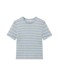 Blue and yellow striped t-shirt on a white background. Baby tee frame 