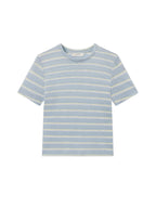 Blue and yellow striped t-shirt on a white background. Baby tee frame 