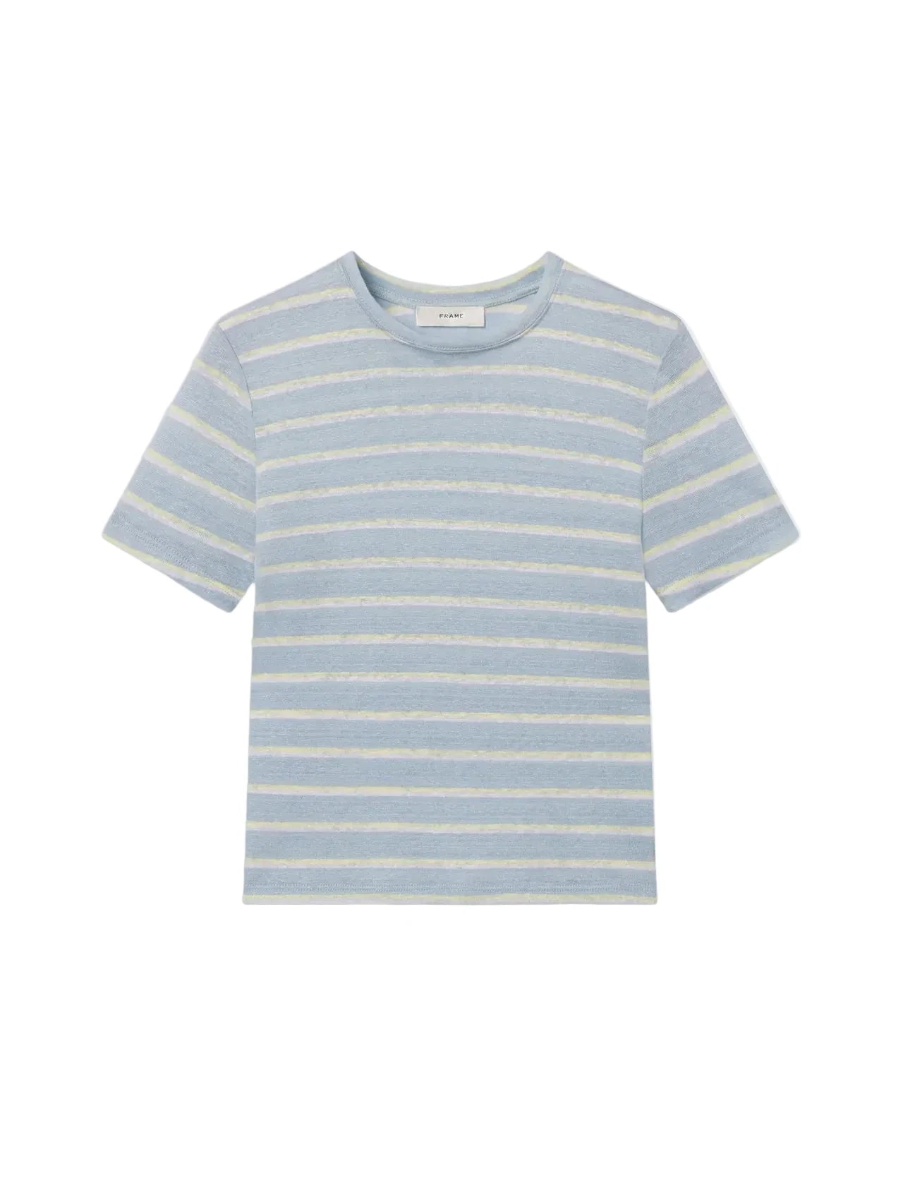 Blue and yellow striped t-shirt on a white background. Baby tee frame 