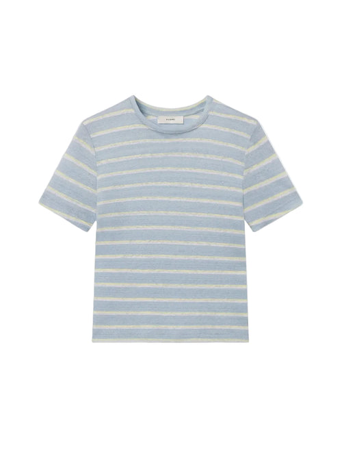 Blue and yellow striped t-shirt on a white background. Baby tee frame 