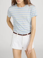 Woman wearing a light blue and yellow striped t-shirt with white shorts on a plain background