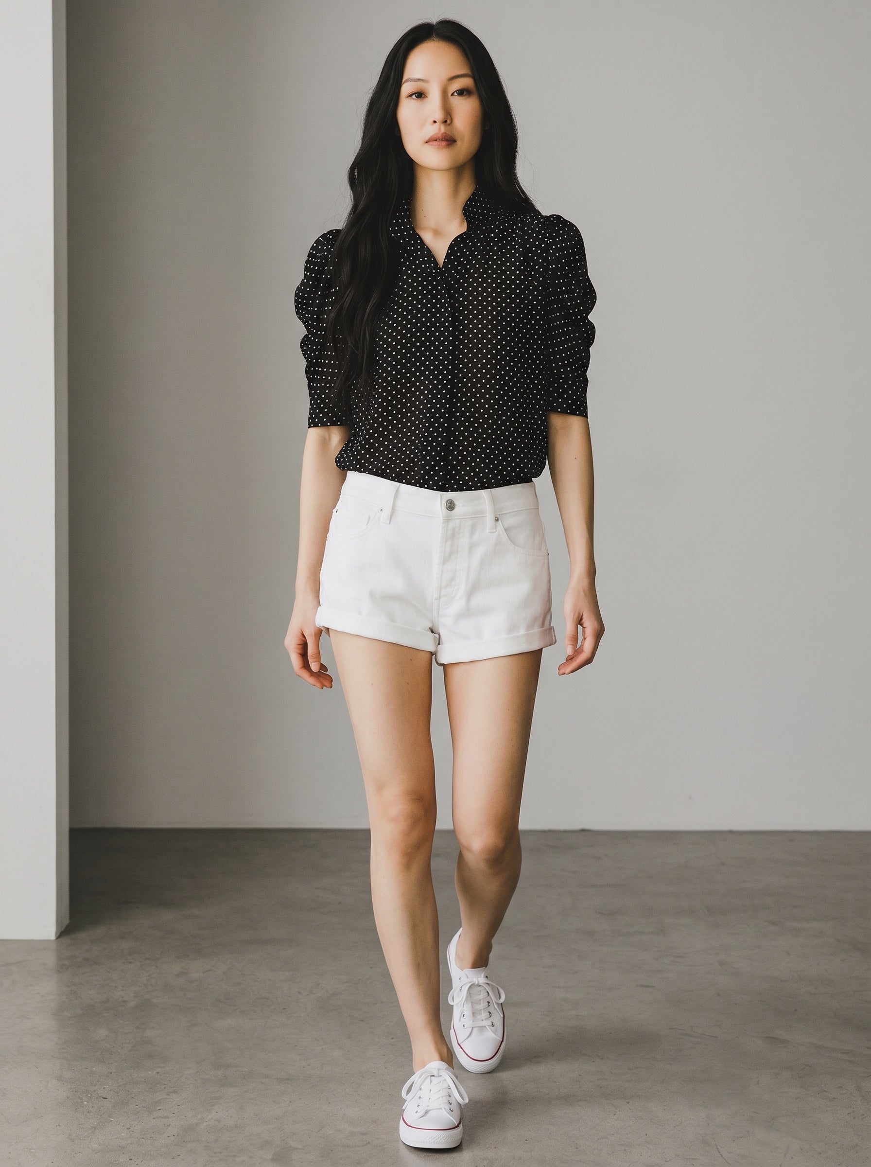 Woman wearing a black polka dot shirt and white shorts against a neutral background
