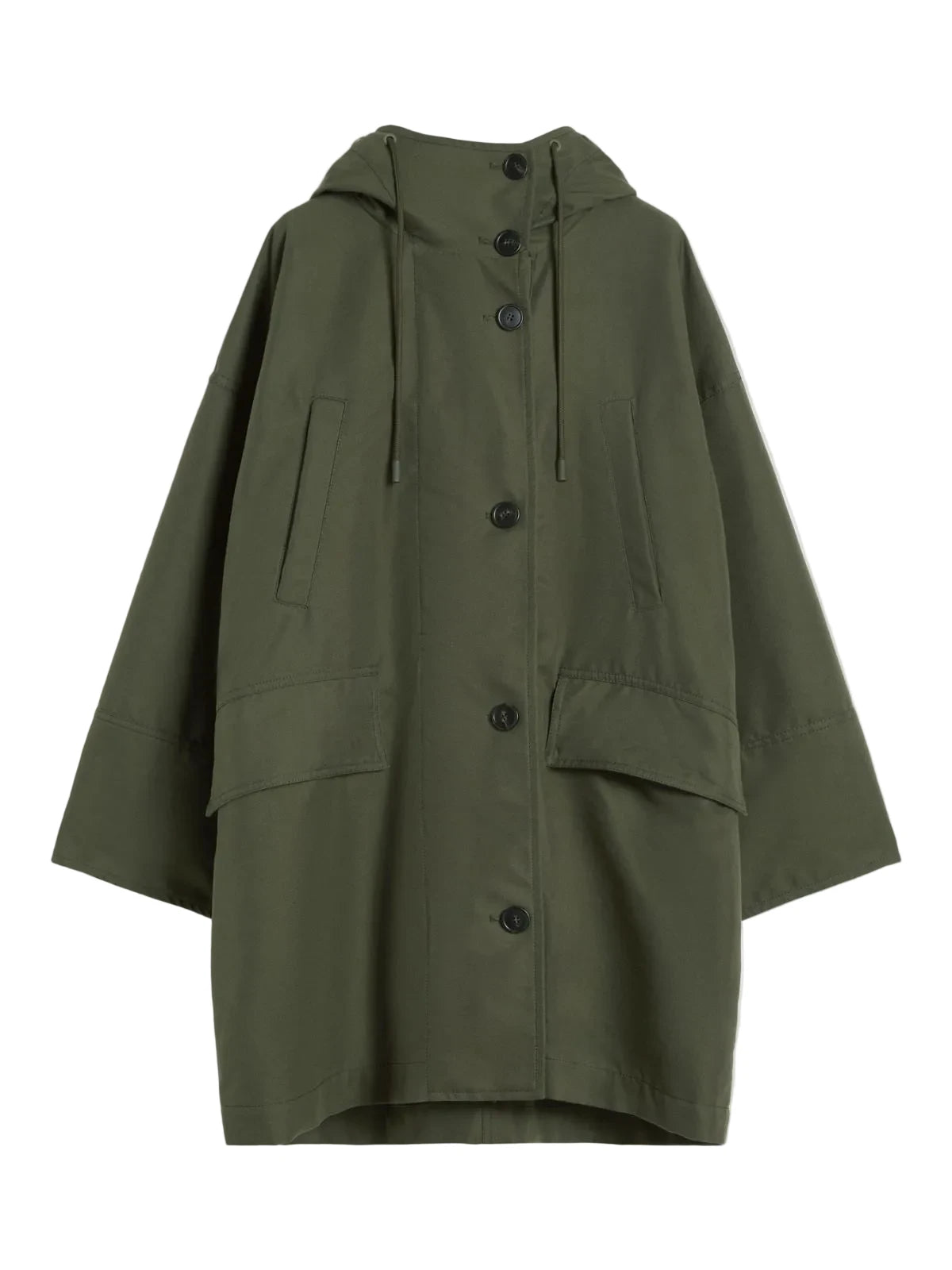 Green coat with button details on a white background