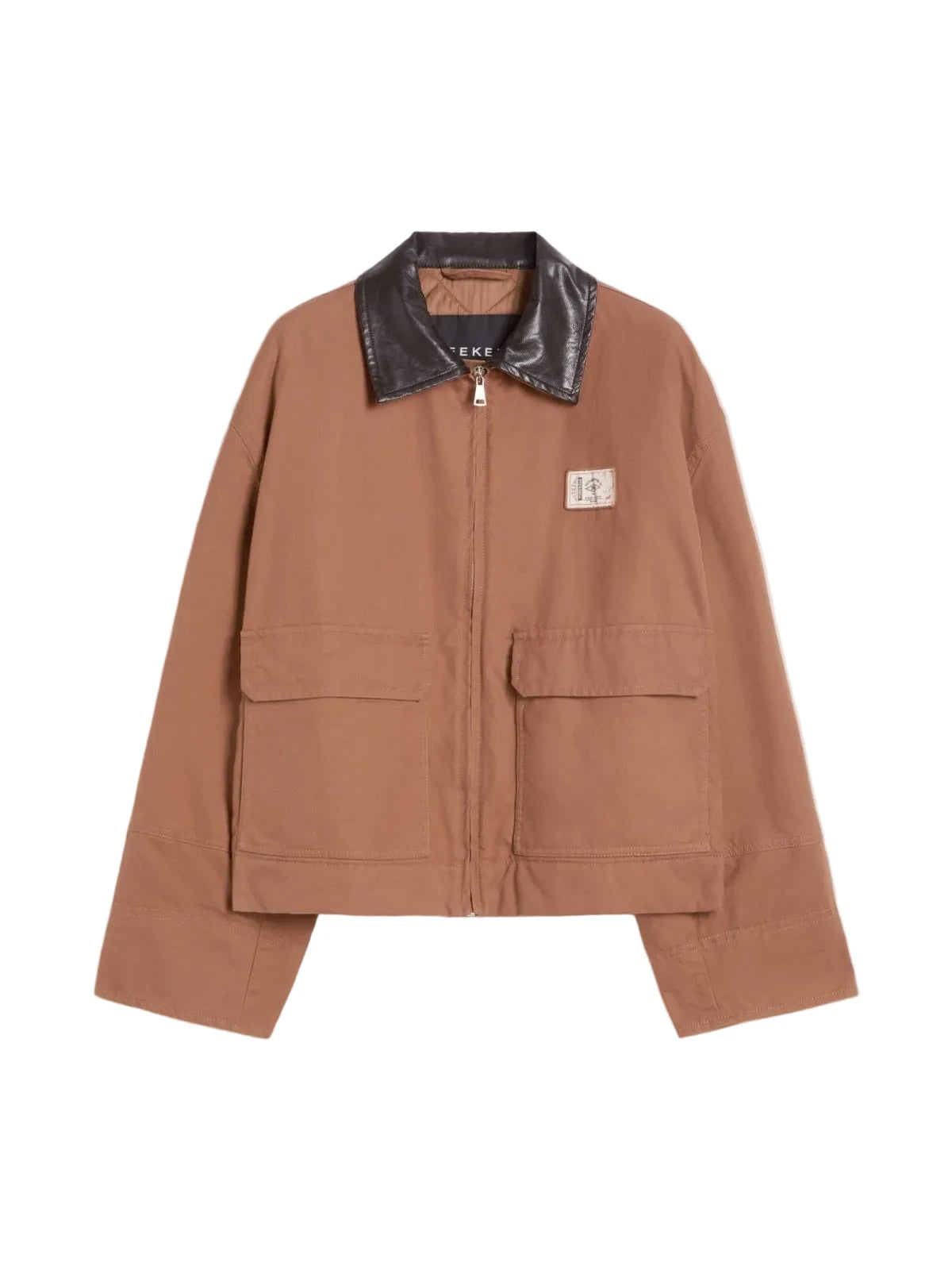 Brown jacket with black collar on a white background. freccia jacket weekend Max Mara 