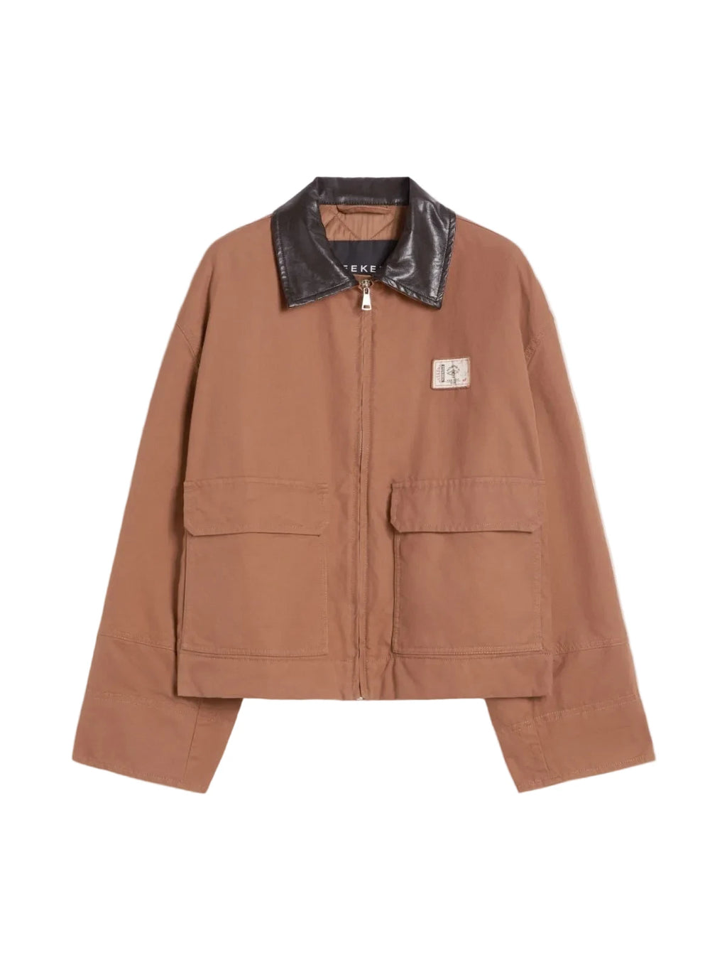 Brown jacket with black collar on a white background. freccia jacket weekend Max Mara 