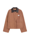 Brown jacket with black collar on a white background. freccia jacket weekend Max Mara 