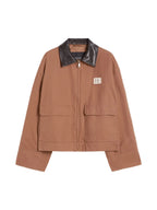 Brown jacket with black collar on a white background. freccia jacket weekend Max Mara 