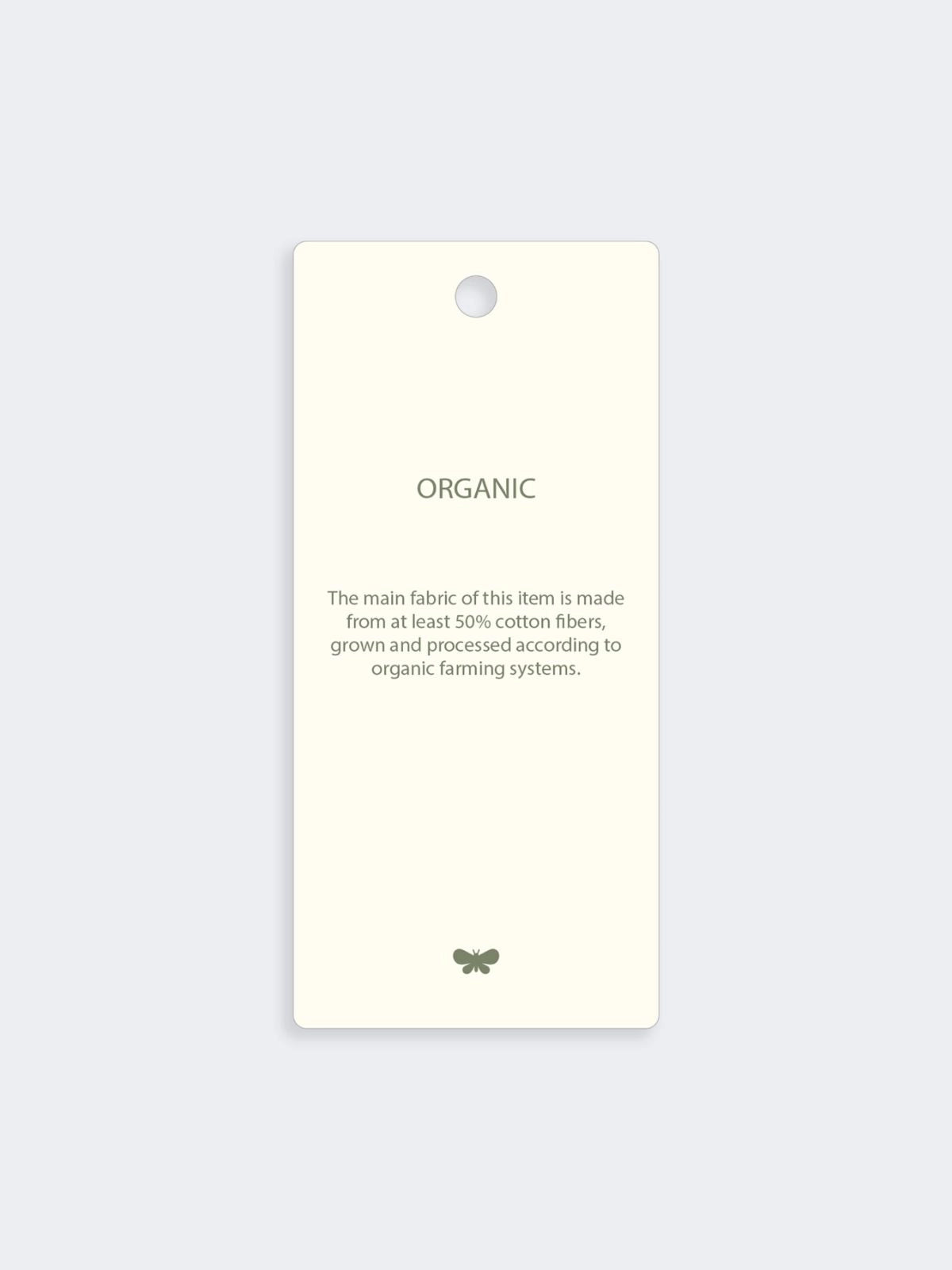 White tag with text on a light gray background