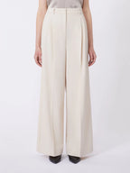 Person wearing white wide-leg pants on a white background