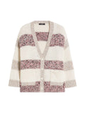 Knitted cardigan with patterned sections on a light gray background