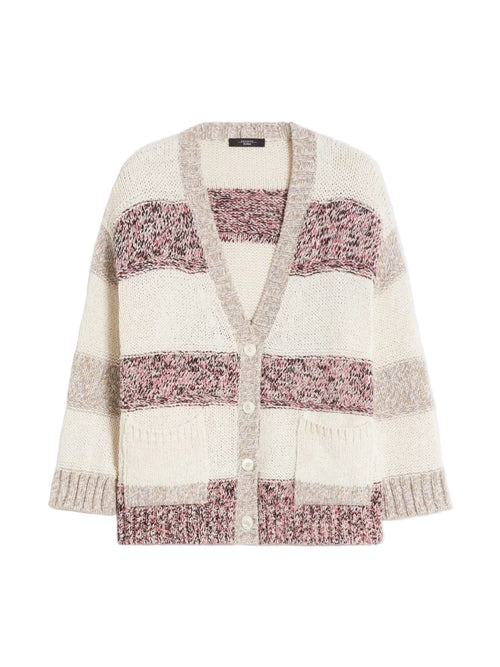 Knitted cardigan with patterned sections on a light gray background