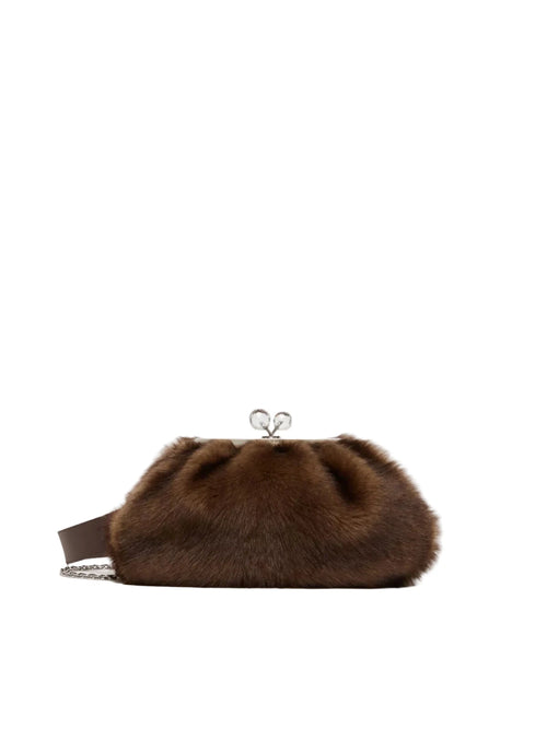 Brown fur pouch with a chain on a white background