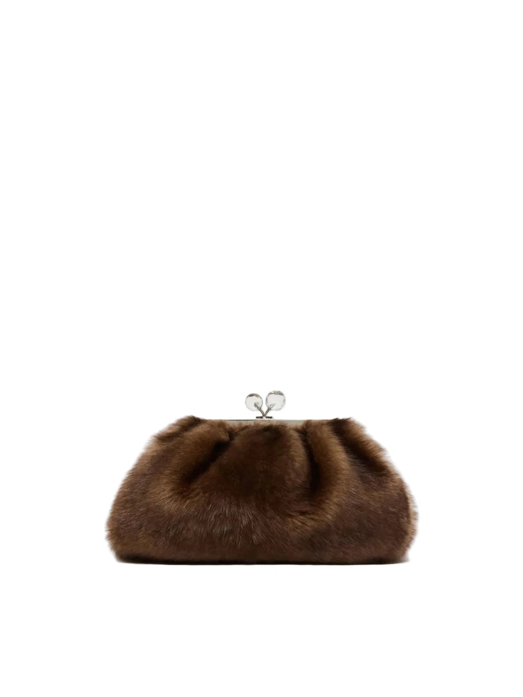 Brown fur clutch bag on a light gray background