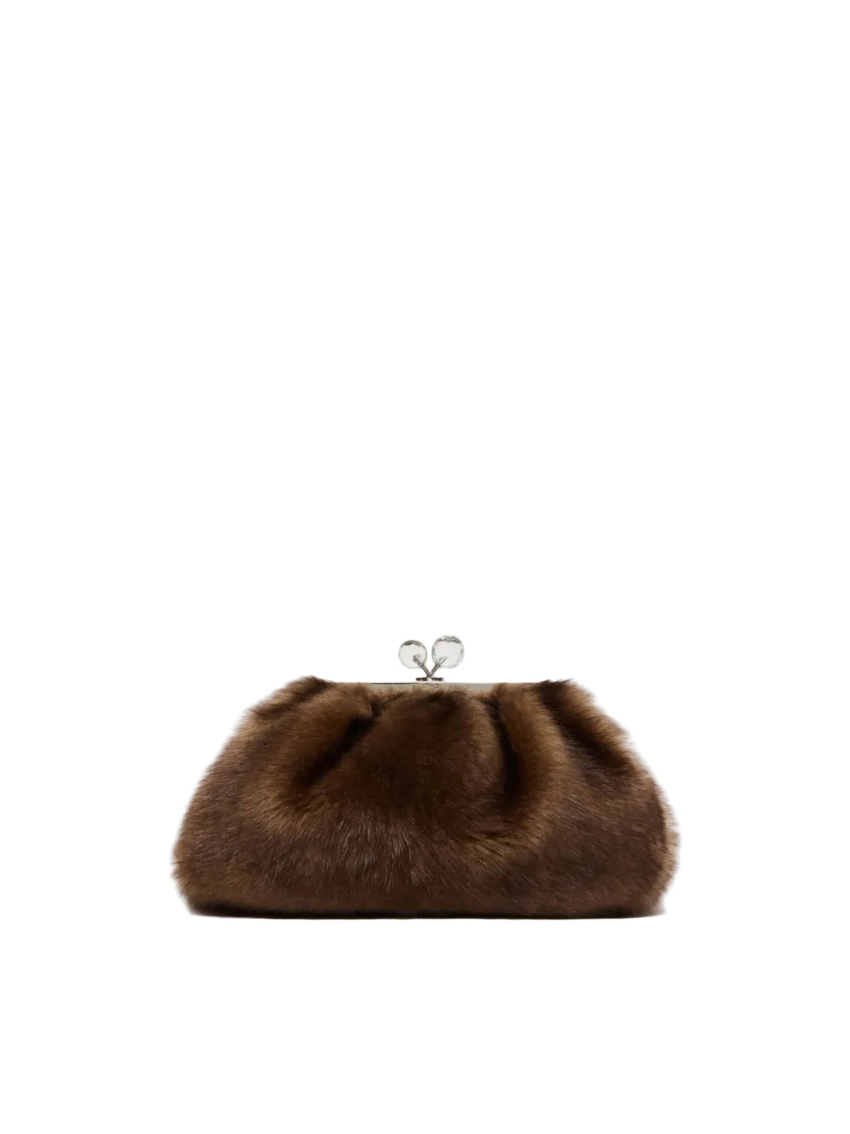 Brown fur clutch bag on a light gray background