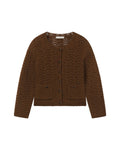 A brown textured crochet cardigan sweater with button-front closure and two front patch pockets, shown flat against a light gray background.
