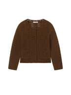 A brown textured crochet cardigan sweater with button-front closure and two front patch pockets, shown flat against a light gray background.