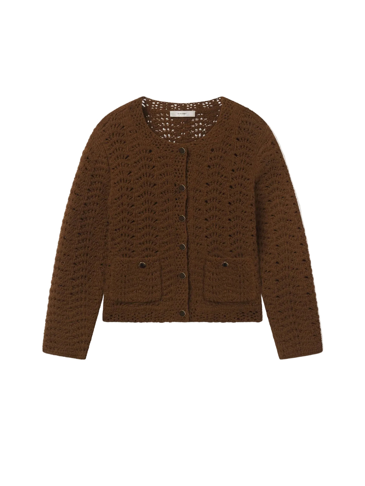 A brown textured crochet cardigan sweater with button-front closure and two front patch pockets, shown flat against a light gray background.