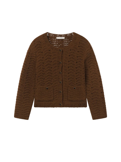 A brown textured crochet cardigan sweater with button-front closure and two front patch pockets, shown flat against a light gray background.