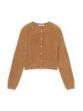 A cropped, long-sleeve knit cardigan in a warm camel brown color, featuring a textured openwork pattern and a button-up front with matching buttons, shown against a light gray background.