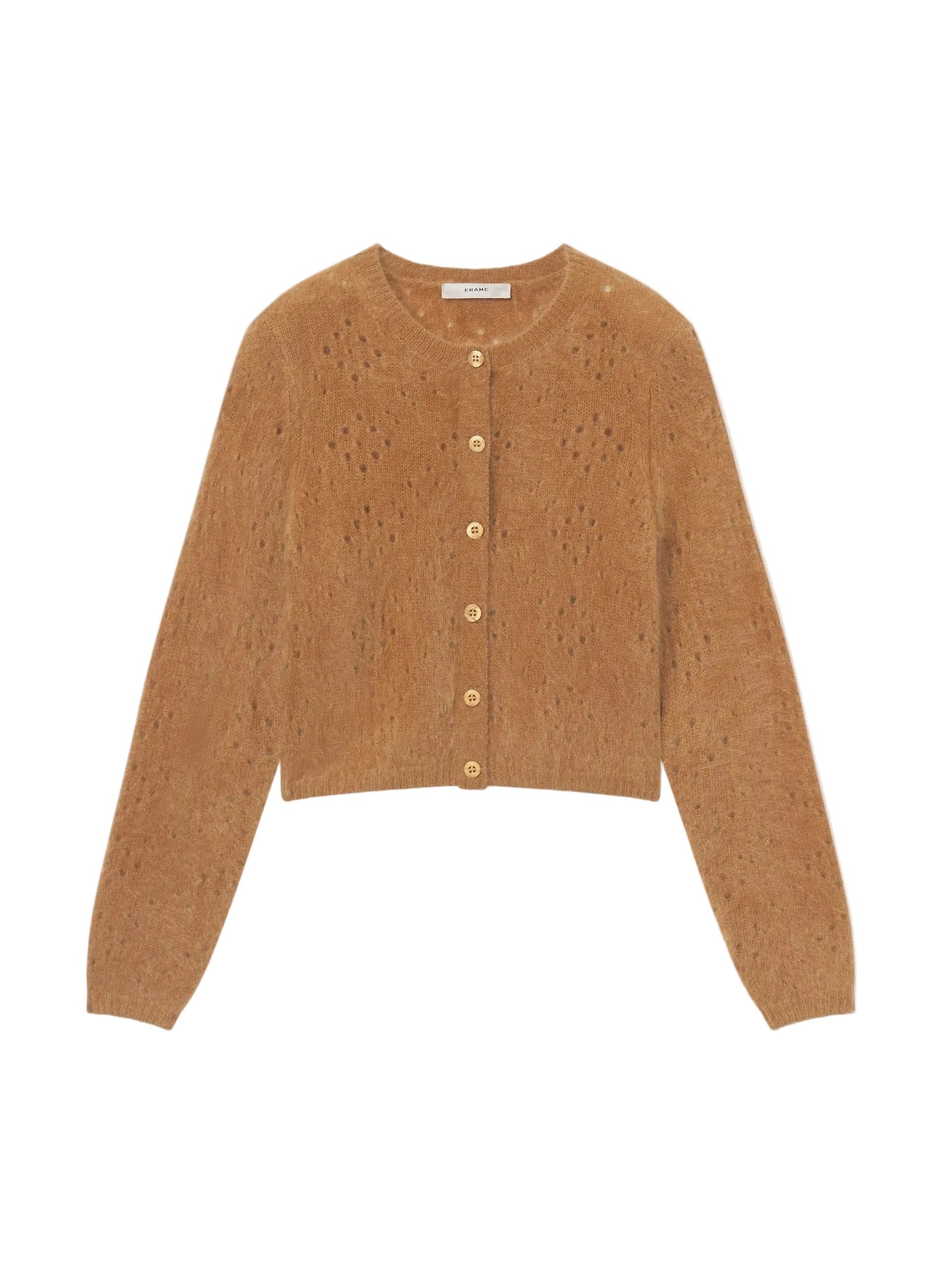 A cropped, long-sleeve knit cardigan in a warm camel brown color, featuring a textured openwork pattern and a button-up front with matching buttons, shown against a light gray background.