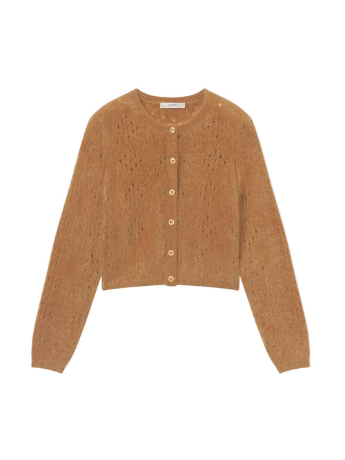 A cropped, long-sleeve knit cardigan in a warm camel brown color, featuring a textured openwork pattern and a button-up front with matching buttons, shown against a light gray background.