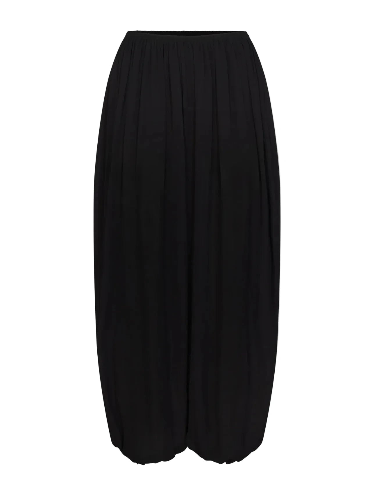 A black pleated midi skirt with a wide leg silhouette and elastic waistband, shown against a plain light gray background.
