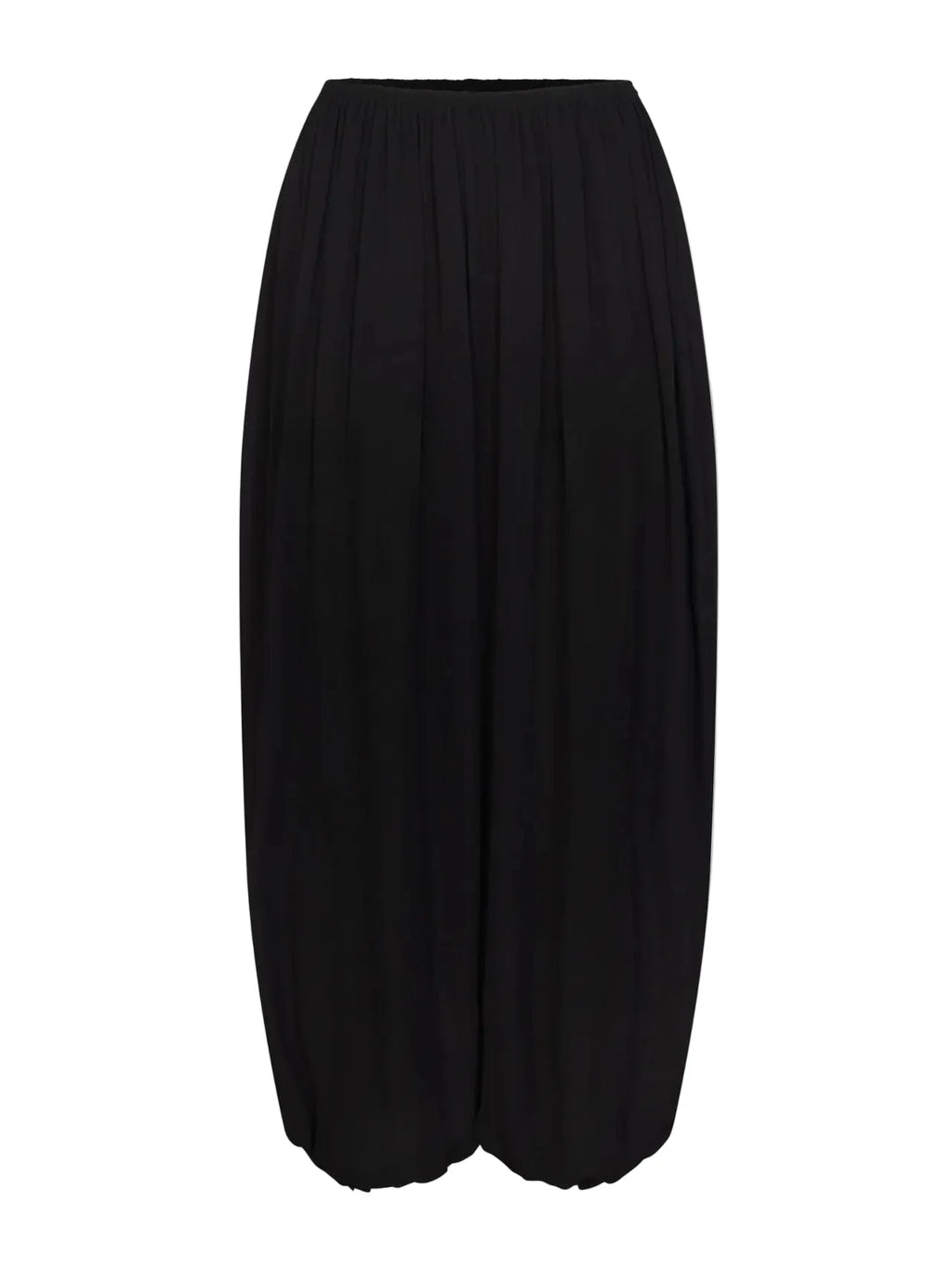 A black pleated midi skirt with a wide leg silhouette and elastic waistband, shown against a plain light gray background.