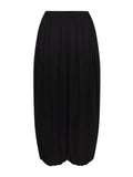 A black pleated midi skirt with a wide leg silhouette and elastic waistband, shown against a plain light gray background.