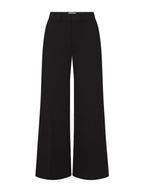 Black wide-leg cropped trousers shown flat against a light gray background.