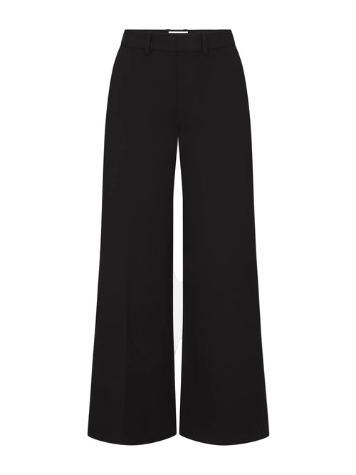 Black wide-leg cropped trousers shown flat against a light gray background.