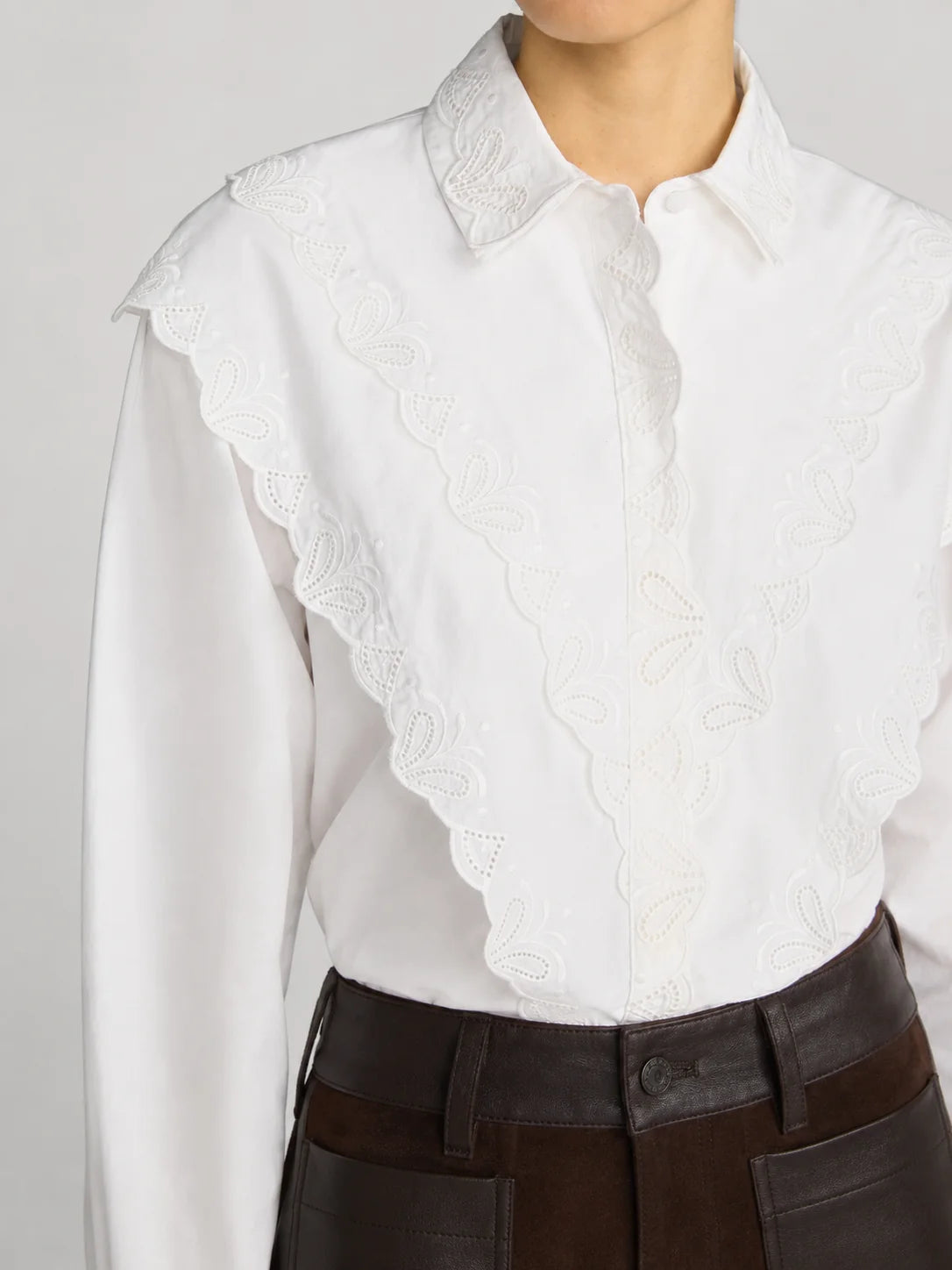 A close-up of a white long-sleeve blouse with a pointed collar and ornate scalloped eyelet lace trim down the front, worn with dark brown trousers against a light gray studio background.