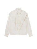 An off-white long-sleeve blouse with a wide, layered ruffled collar and a matching ruffled lace panel down the front, displayed on a clean white background.