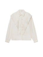 An off-white long-sleeve blouse with a wide, layered ruffled collar and a matching ruffled lace panel down the front, displayed on a clean white background.
