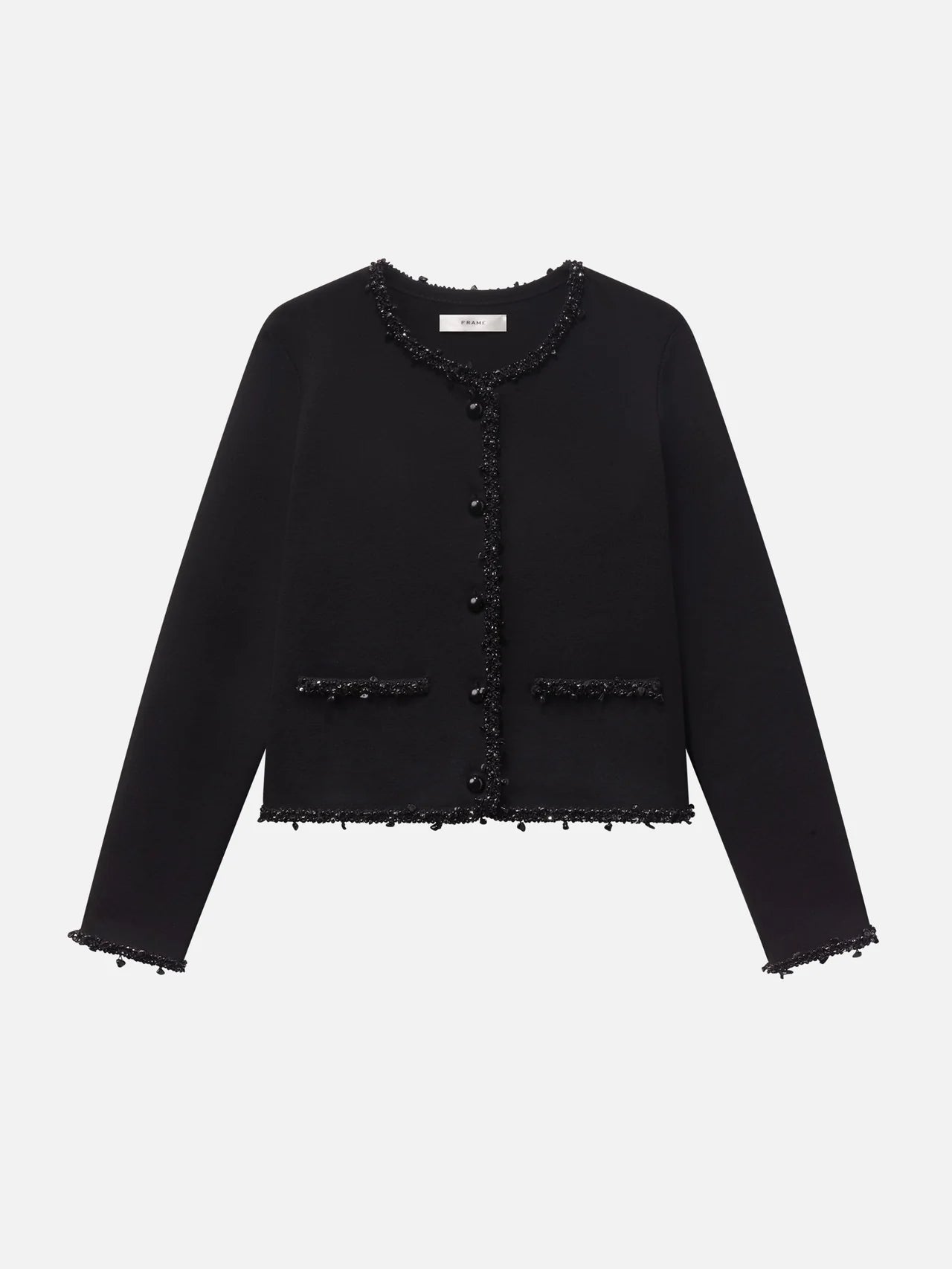 Black cardigan with decorative buttons and trim on a white background