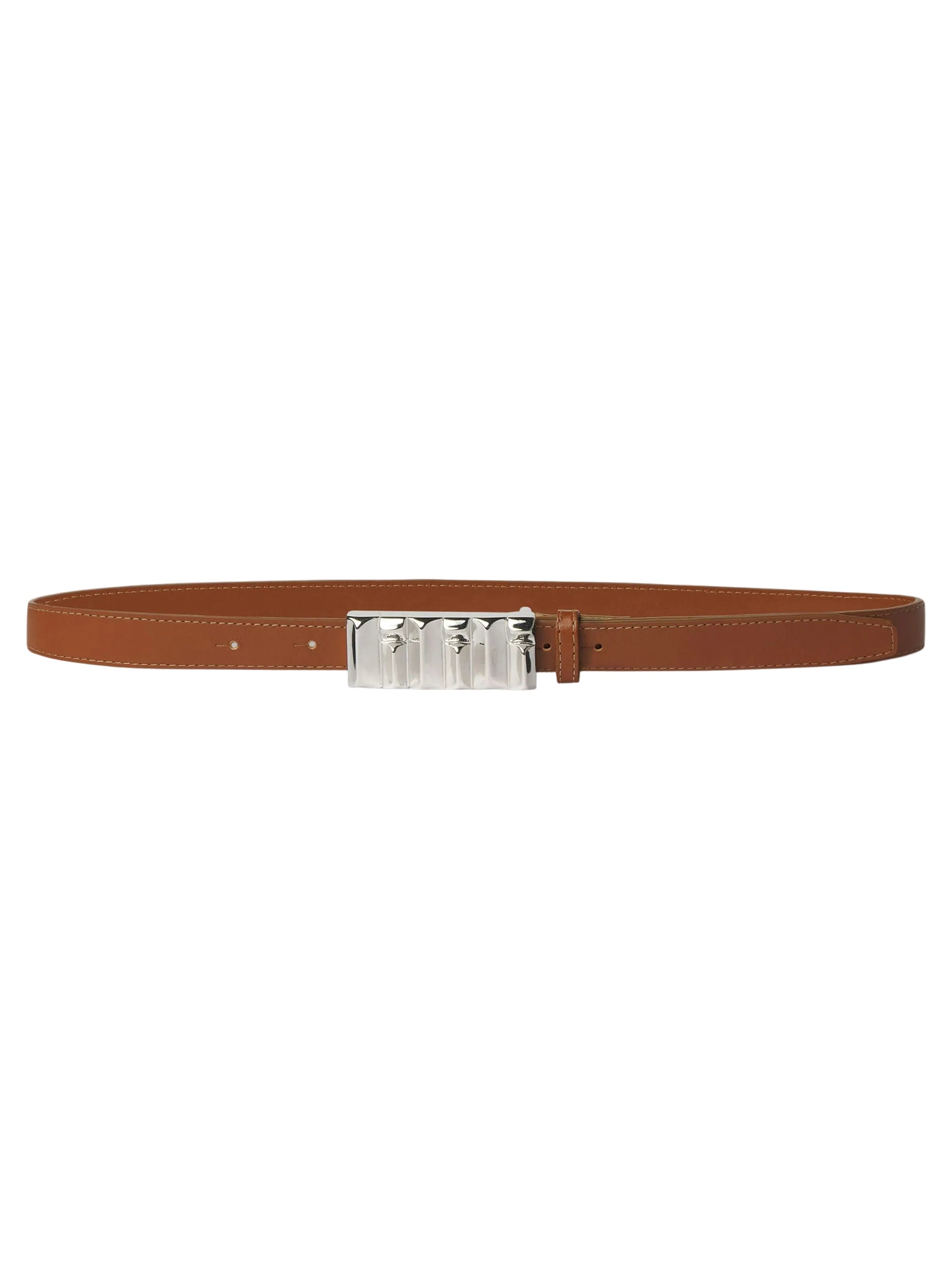 A brown leather belt with a ridged bar buckle.
