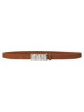 A brown leather belt with a ridged bar buckle.