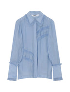 Light blue blouse with ruffled collar on a white background