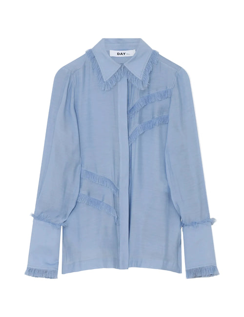 Light blue blouse with ruffled collar on a white background