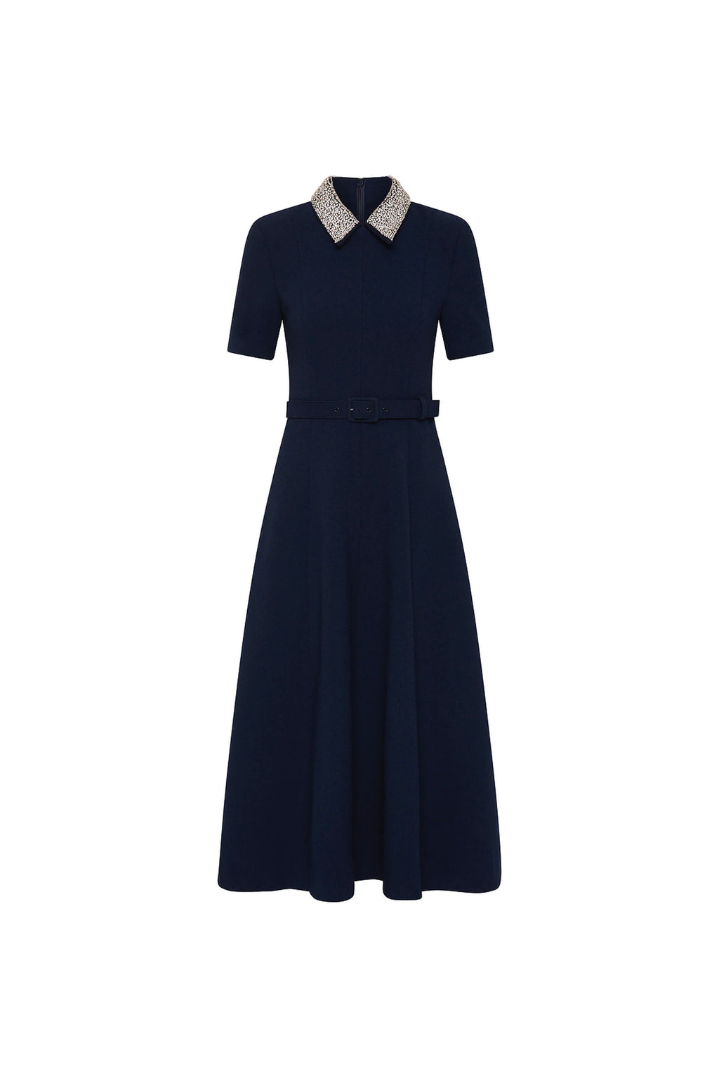 Navy dress with a patterned collar on a white background