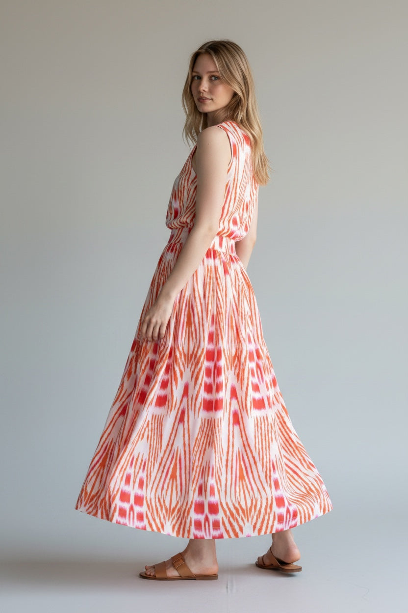 A woman modeling a sleeveless, V-neck maxi dress with a red and orange abstract ikat pattern on a white background, standing against a neutral light gray studio backdrop.