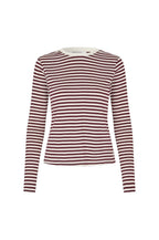 A long-sleeve crewneck top with horizontal burgundy and white stripes, displayed on a clean white background.