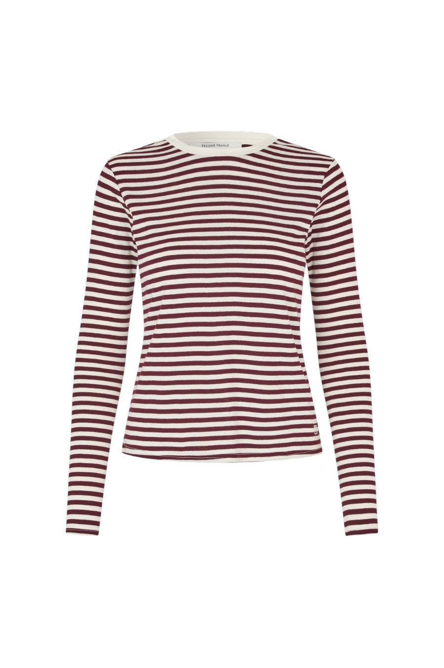 A long-sleeve crewneck top with horizontal burgundy and white stripes, displayed on a clean white background.