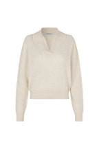 A light cream-colored knit polo sweater with a split V-neck collar, displayed on a clean white background.