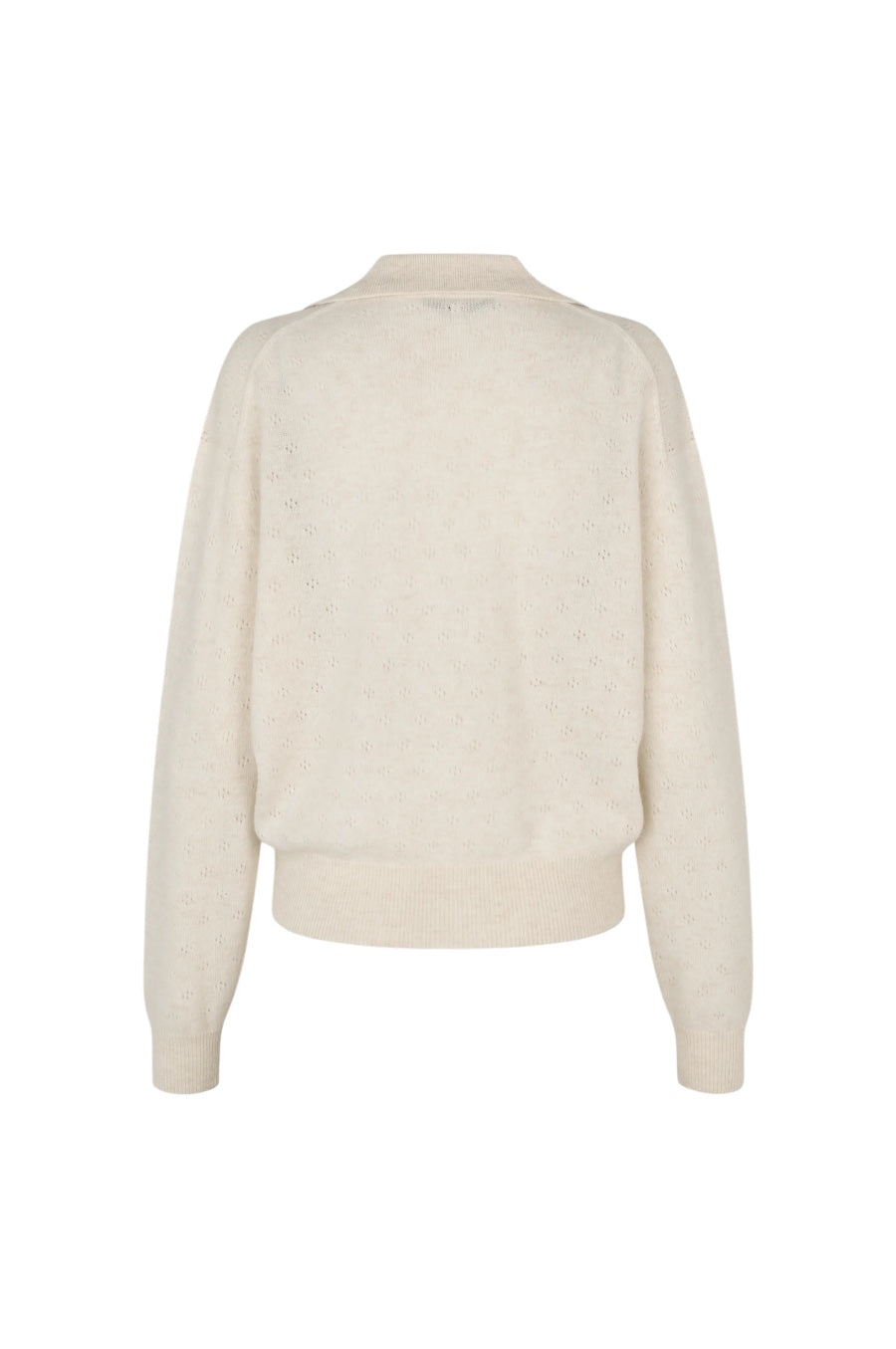 A cream-colored knit sweater with a crew neck and ribbed hem and cuffs, shown from the back on a plain white background.