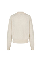A cream-colored knit sweater with a crew neck and ribbed hem and cuffs, shown from the back on a plain white background.