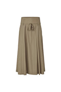 A high-waisted, mid-length pleated skirt in a solid taupe-brown color, featuring a tie detail at the front waistband, shown against a plain white background.