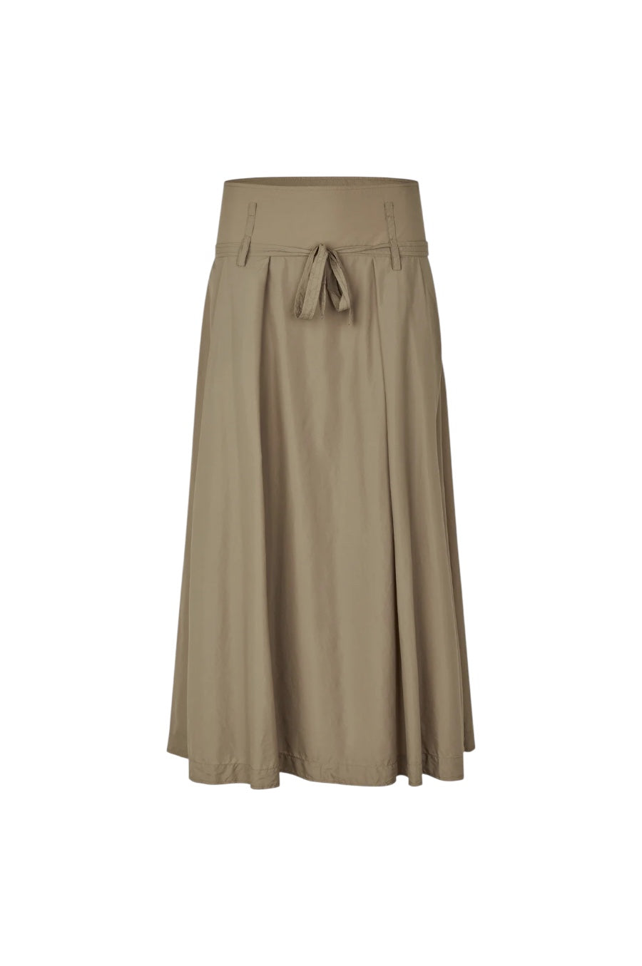 A high-waisted, mid-length pleated skirt in a solid taupe-brown color, featuring a tie detail at the front waistband, shown against a plain white background.